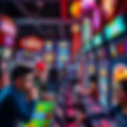A vibrant scene depicting a fictional gambling arcade filled with various characters engaged in games.