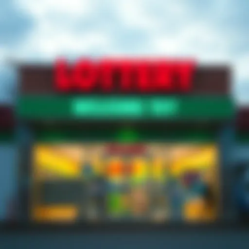 Exterior view of a lottery retail store showcasing its vibrant signage and welcoming entrance.