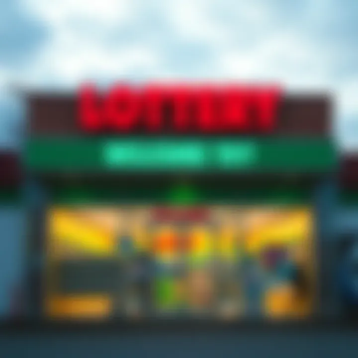 Exterior view of a lottery retail store showcasing its vibrant signage and welcoming entrance.